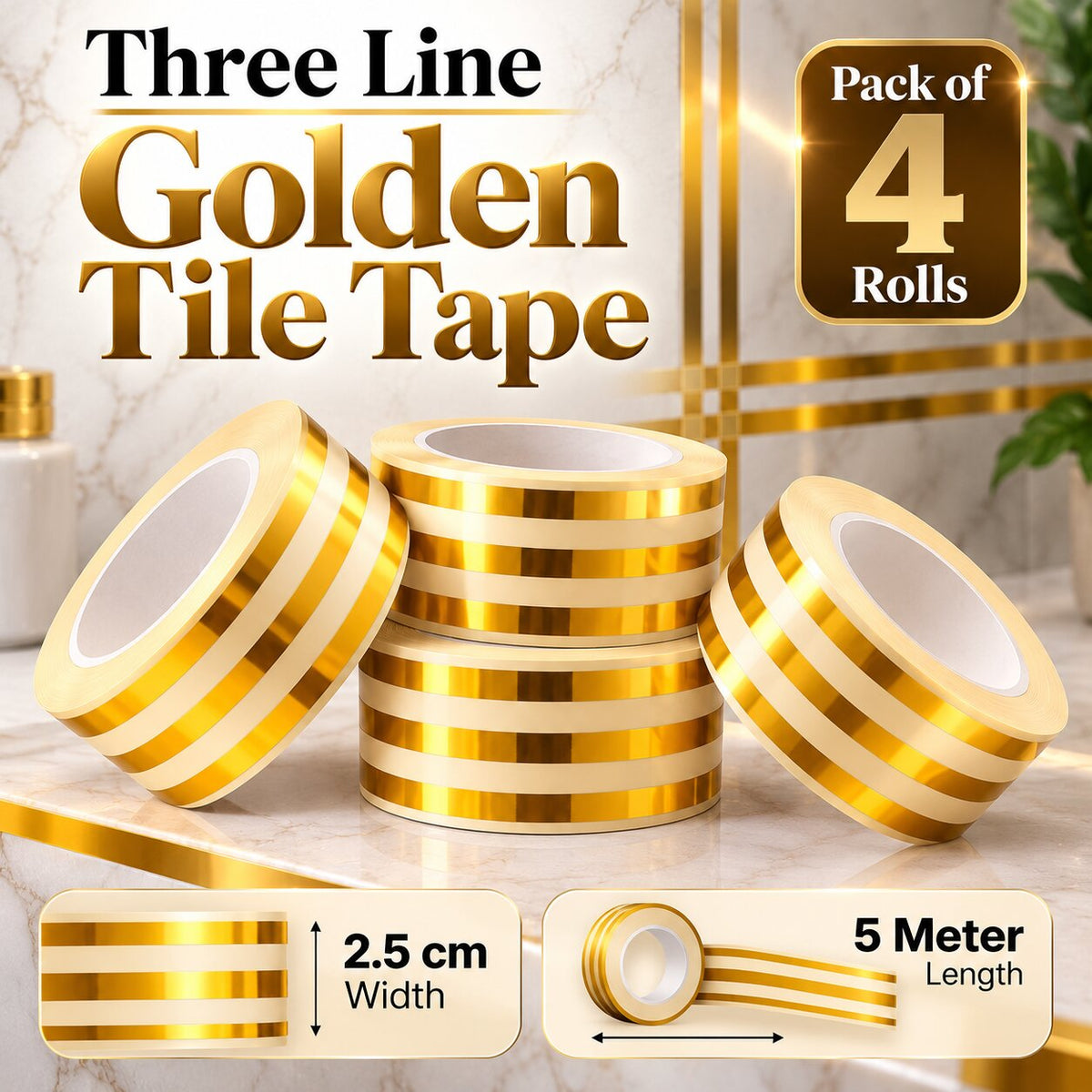 (Pack Of 4) 3 Line Golden Tiles Tape - 5 Meter Each