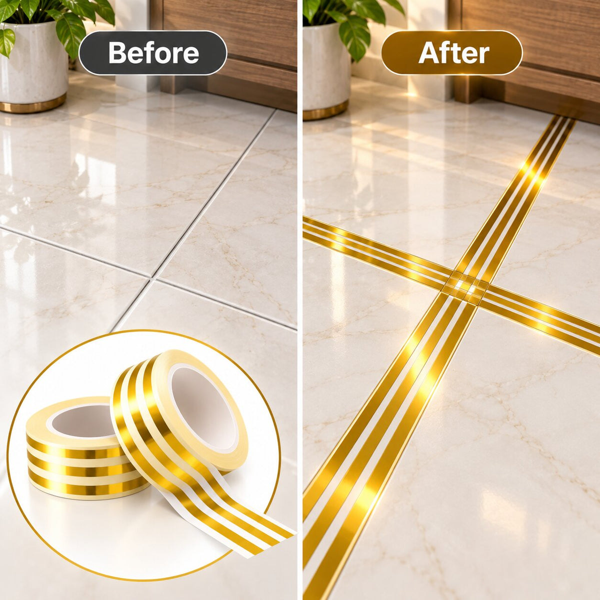 (Pack Of 4) 3 Line Golden Tiles Tape - 5 Meter Each