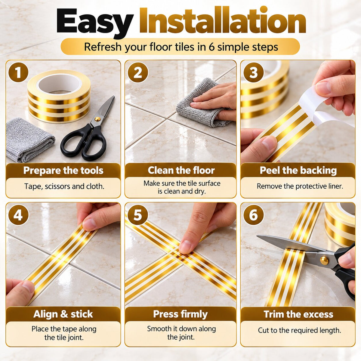 (Pack Of 4) 3 Line Golden Tiles Tape - 5 Meter Each