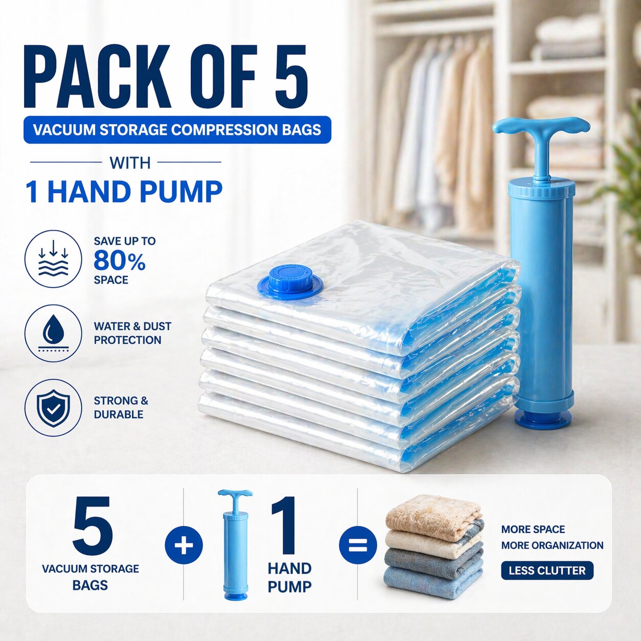 (Pack Of 5) Vacuum Storage Compression Bags With Pump