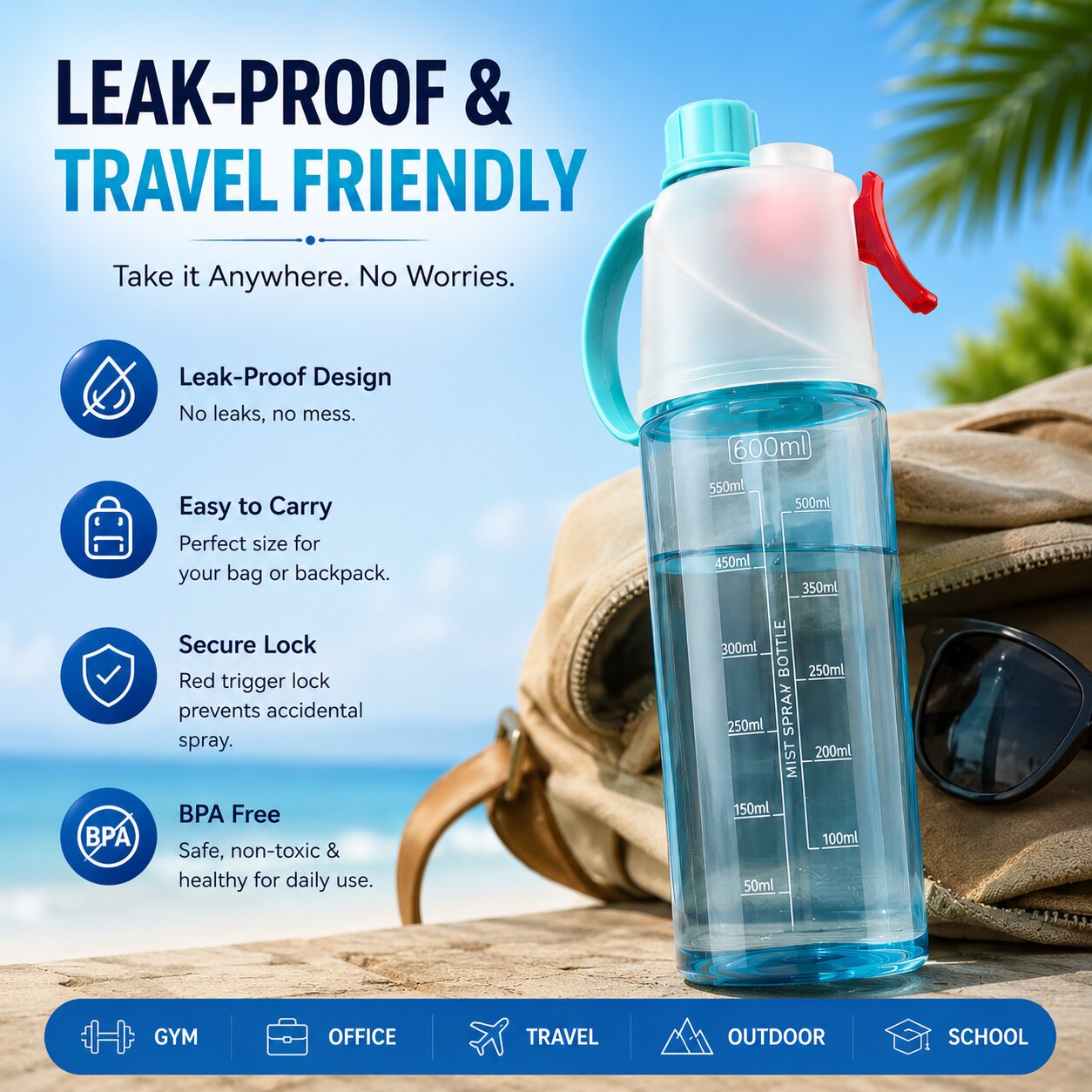 2-In-1 Water Bottle With Mist Spray (600 ML) For Gym, Cycling & Outdoor