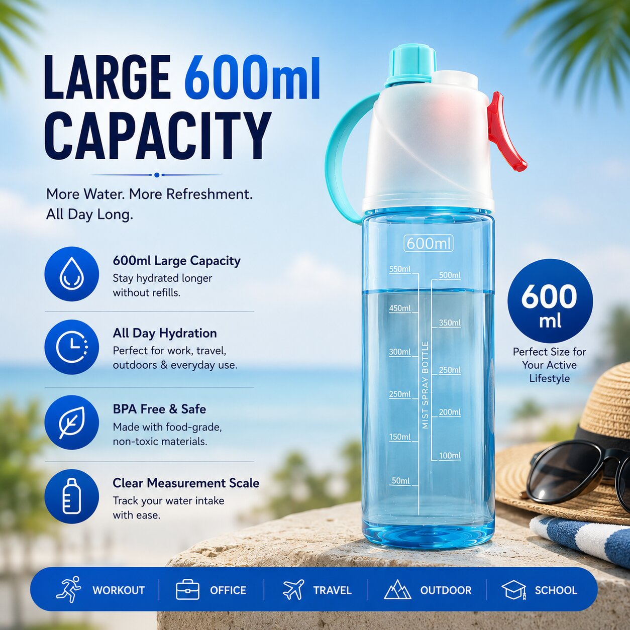 2-In-1 Water Bottle With Mist Spray (600 ML) For Gym, Cycling & Outdoor