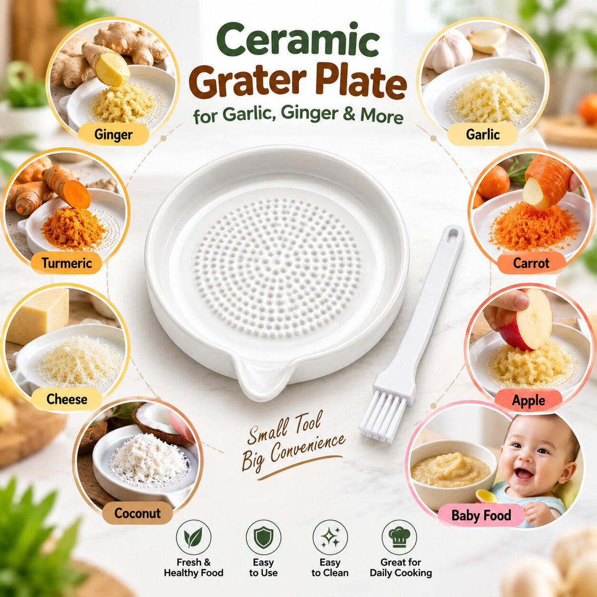 Ceramic Grater Plate With Brush For Vegetables & Fruits