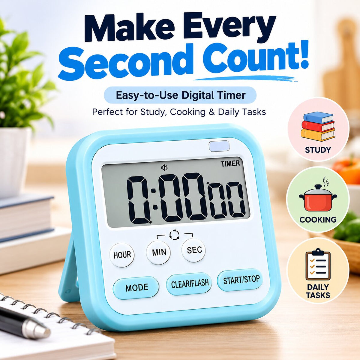 Magnetic Digital Stopwatch Timer For Kitchen, Studying & Work (With Flash & Alarm)