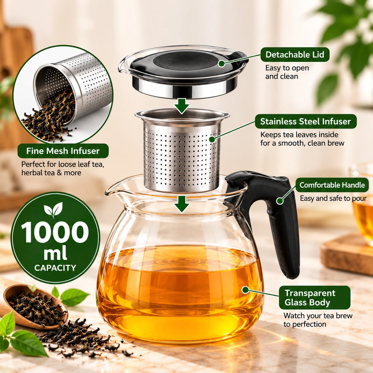(1000 ML) Glass Tea Pot With Stainless Steel Infuser