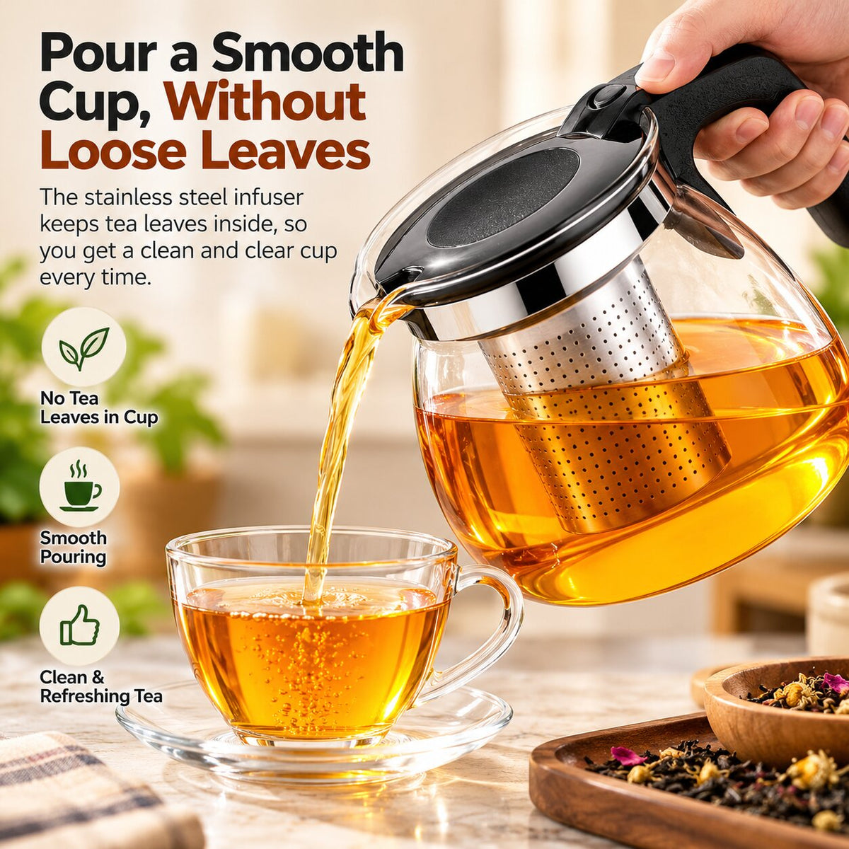 (1000 ML) Glass Tea Pot With Stainless Steel Infuser