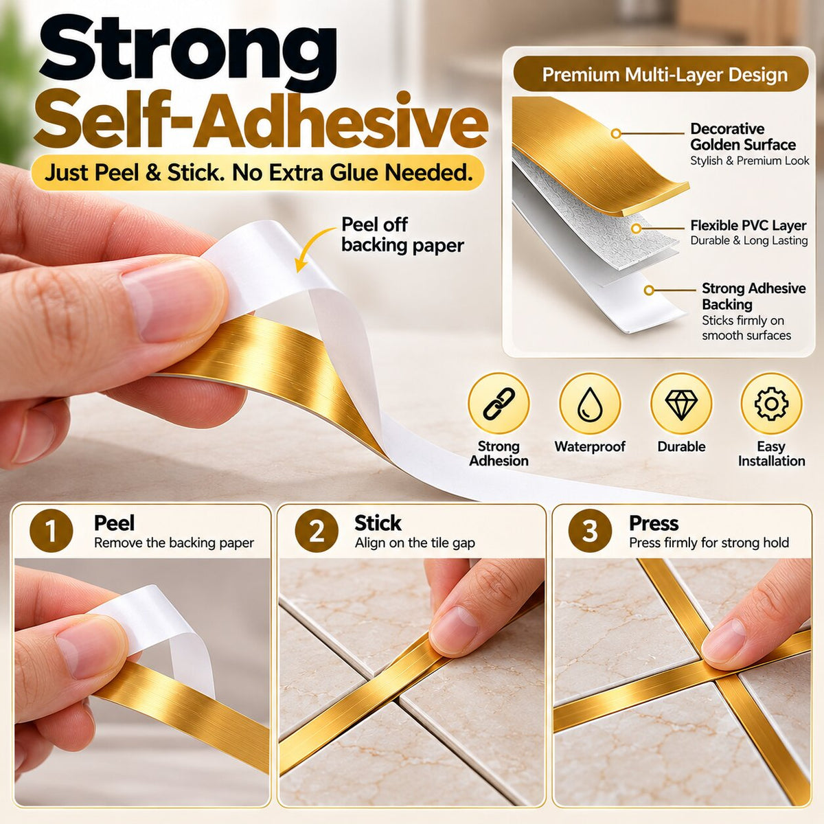 (Pack Of 2) Golden Tiles Gap Sticker Tape For Home Decor
