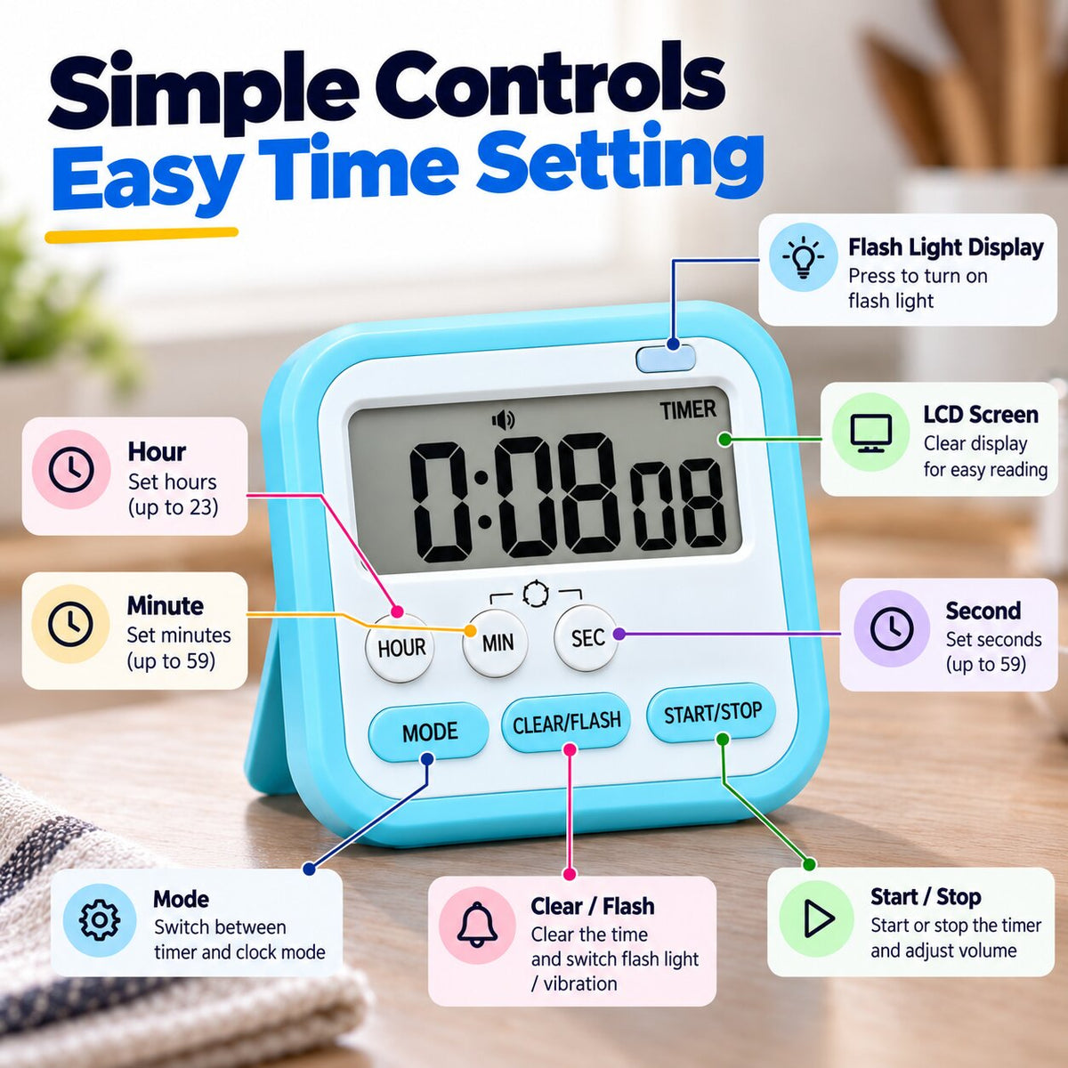 Magnetic Digital Stopwatch Timer For Kitchen, Studying & Work (With Flash & Alarm)