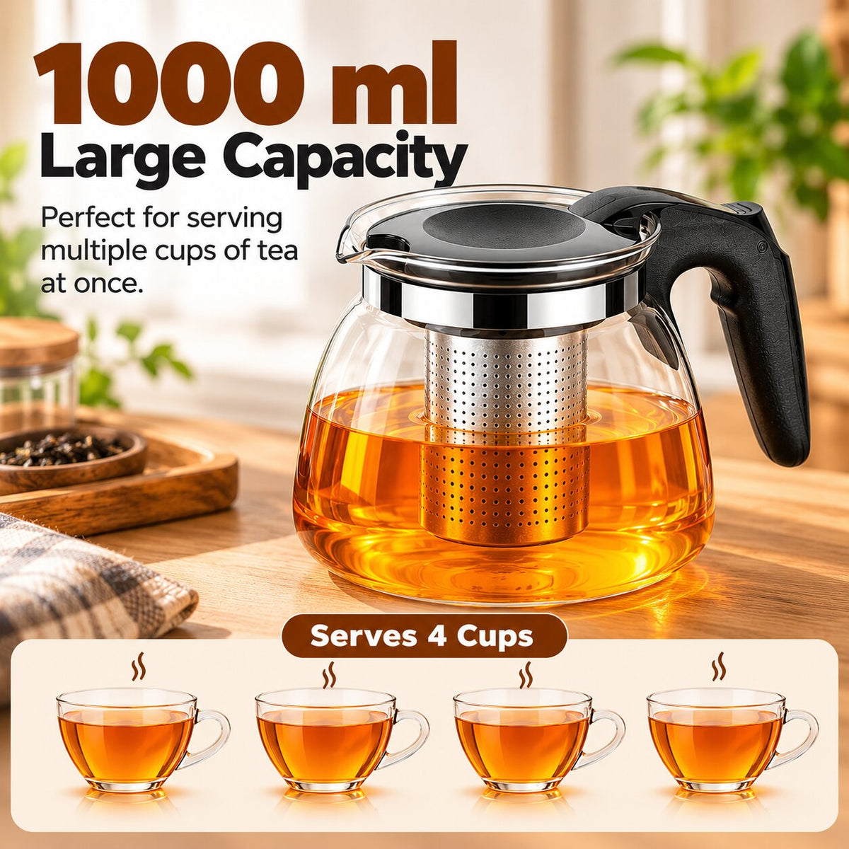 (1000 ML) Glass Tea Pot With Stainless Steel Infuser