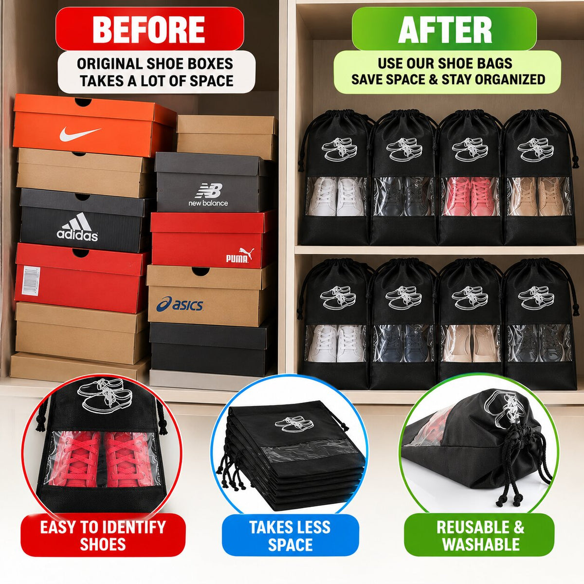 (Pack Of 5) Reusable Shoe Bag Covers For Suitcase, Travel & Gym
