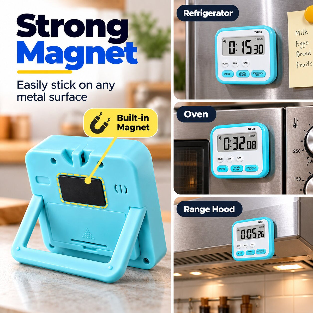 Magnetic Digital Stopwatch Timer For Kitchen, Studying & Work (With Flash & Alarm)