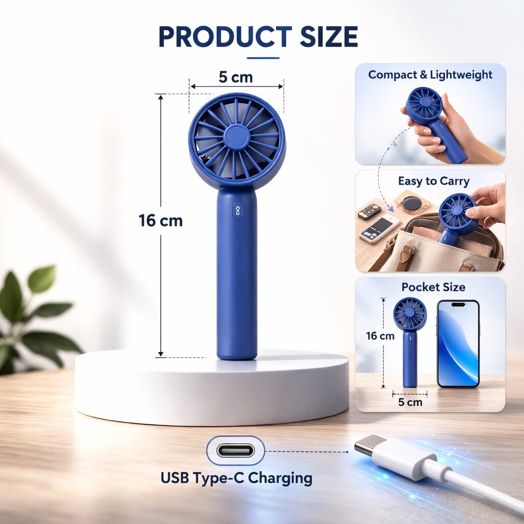 Rechargeable Mini Hand Fan (3 Speed Modes)