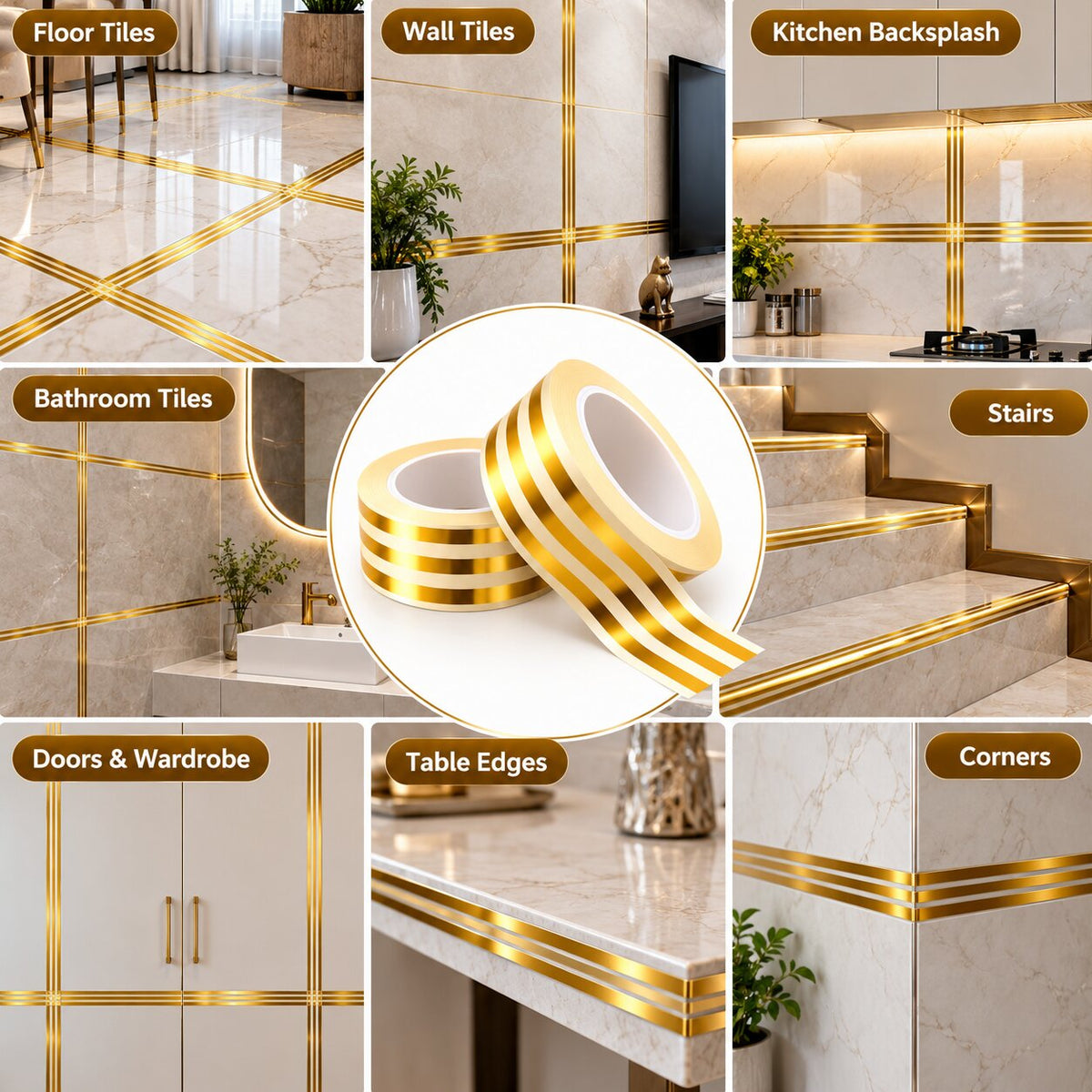 (Pack Of 4) 3 Line Golden Tiles Tape - 5 Meter Each