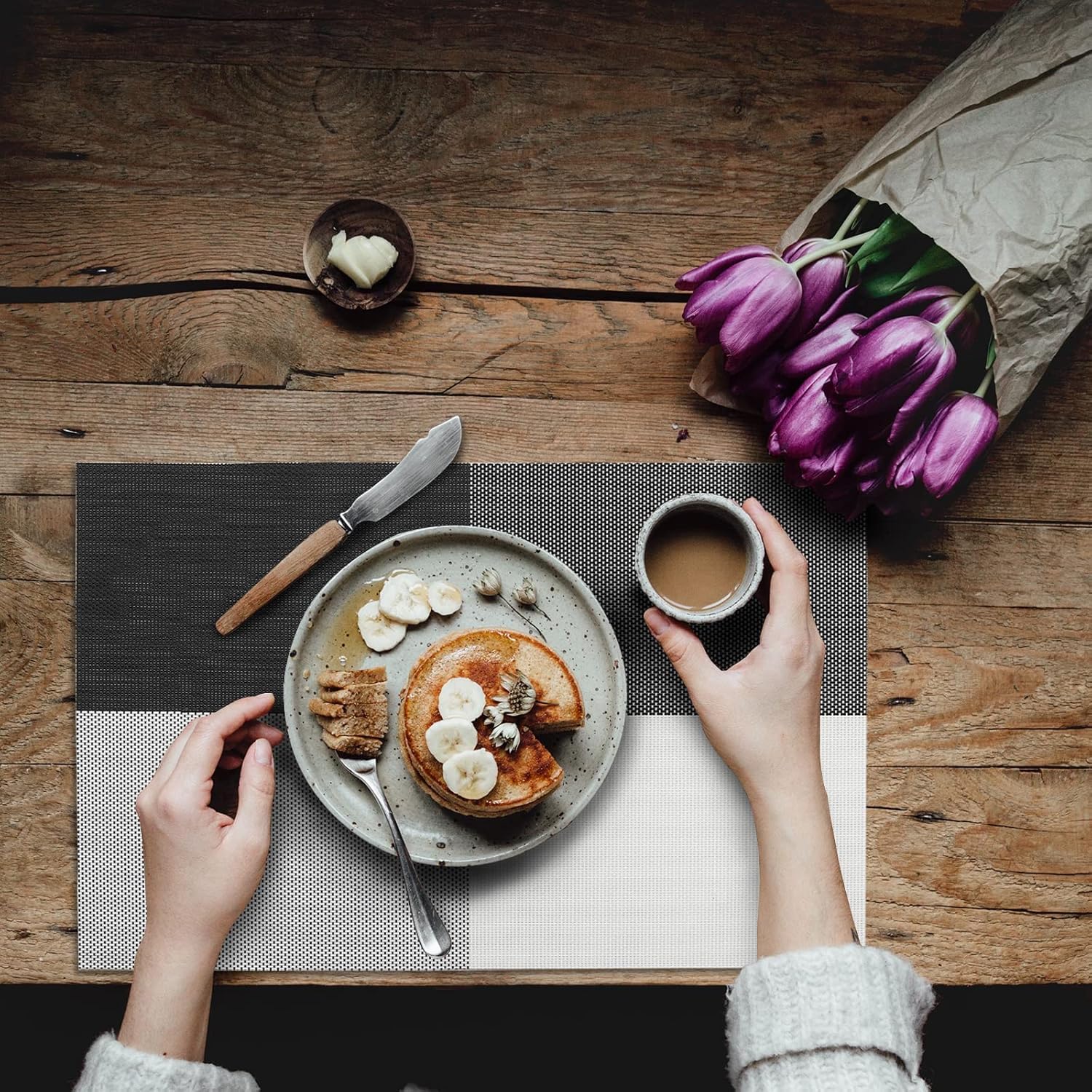 [Set Of 6] Black & White Dining Table Placemats