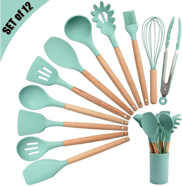 [12 PCS Set] Silicone Kitchen Utensils Set (Heat Resistant)