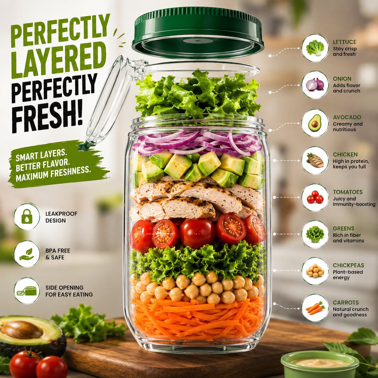 Leak-Proof Salad Jar Container (Fresh Salad Everytime)