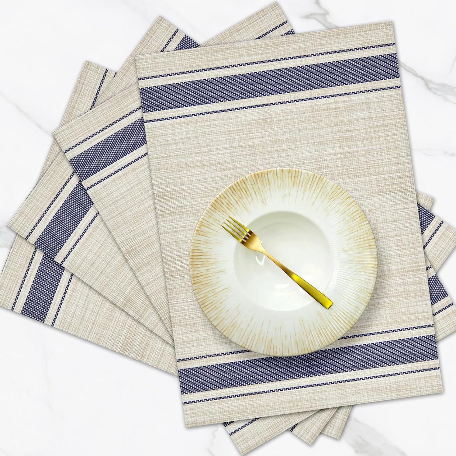 [Set Of 6] Khaki Blue Dining Table Placemats