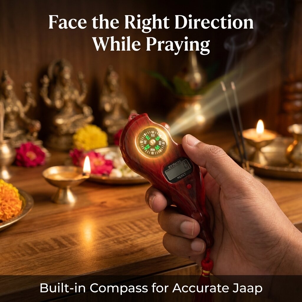 Wooden Jaap Mala Counter With Campass