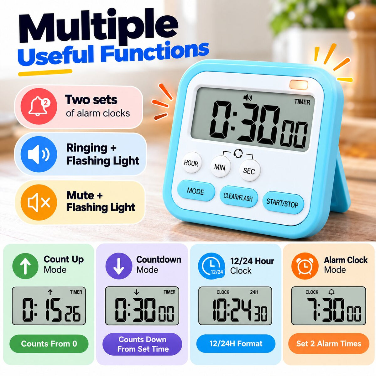 Magnetic Digital Stopwatch Timer For Kitchen, Studying & Work (With Flash & Alarm)