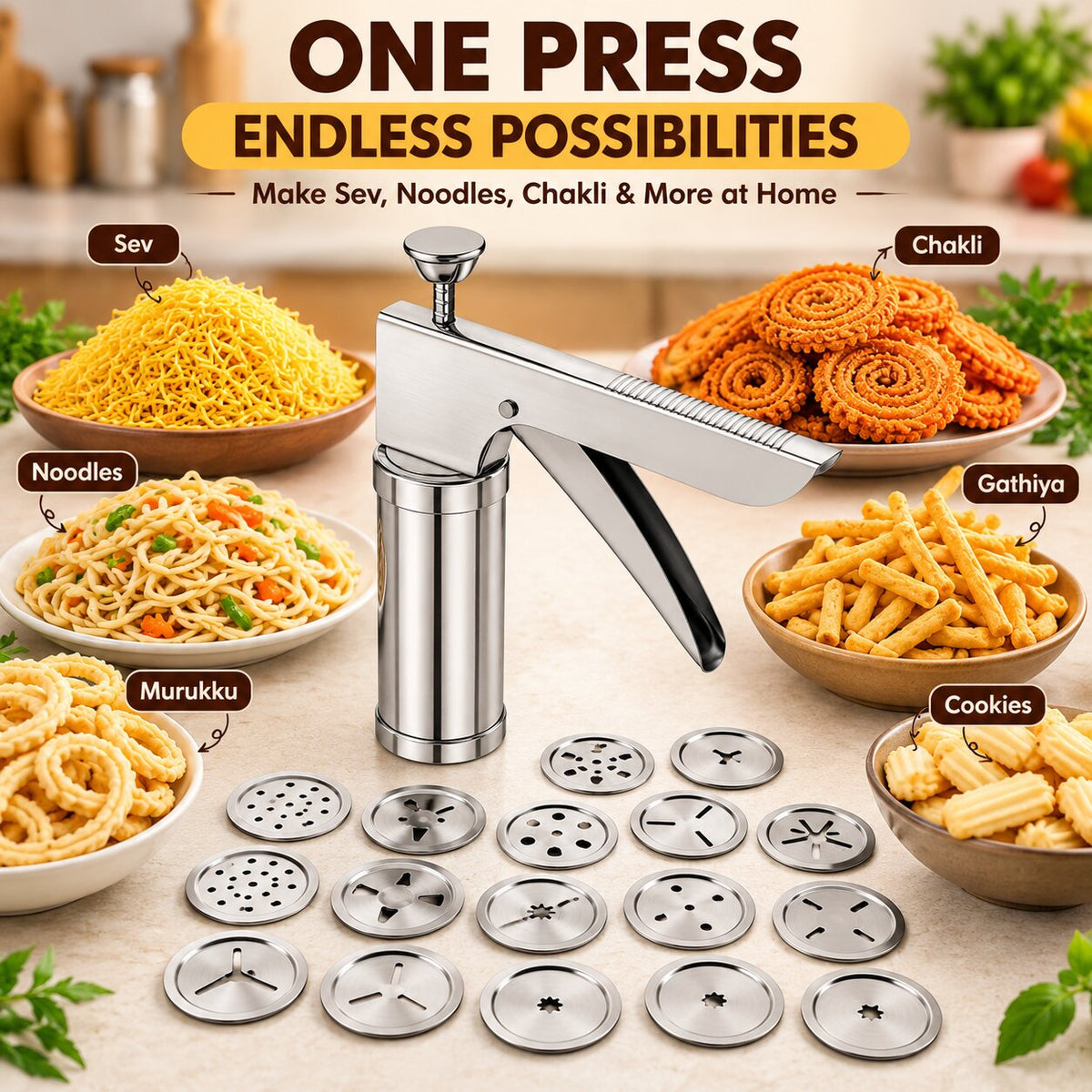 (Pack Of 15 Jaalis) Stainless Steel Kitchen Press - Chakli, Sev, Murukku Maker