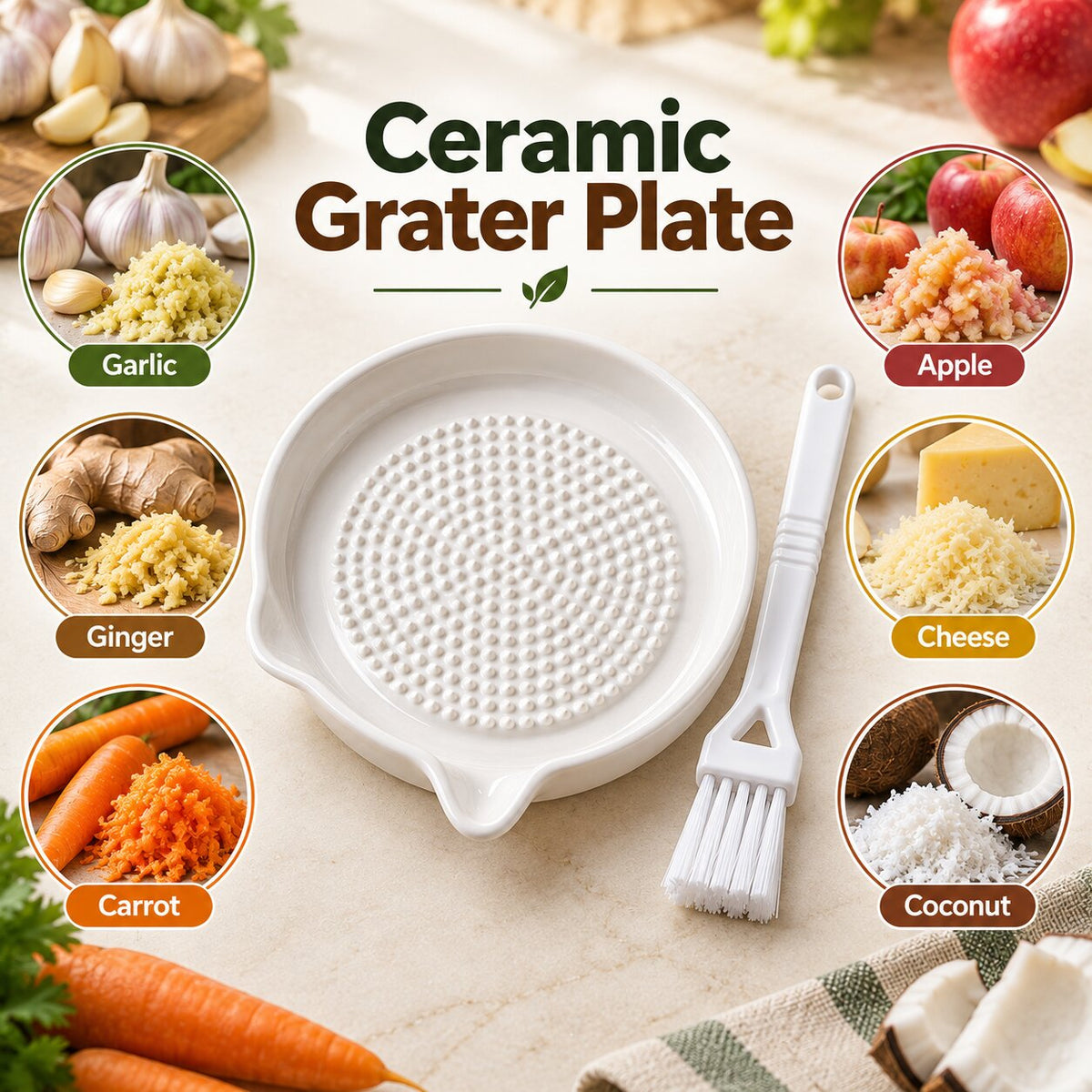 Ceramic Grater Plate With Brush For Vegetables & Fruits