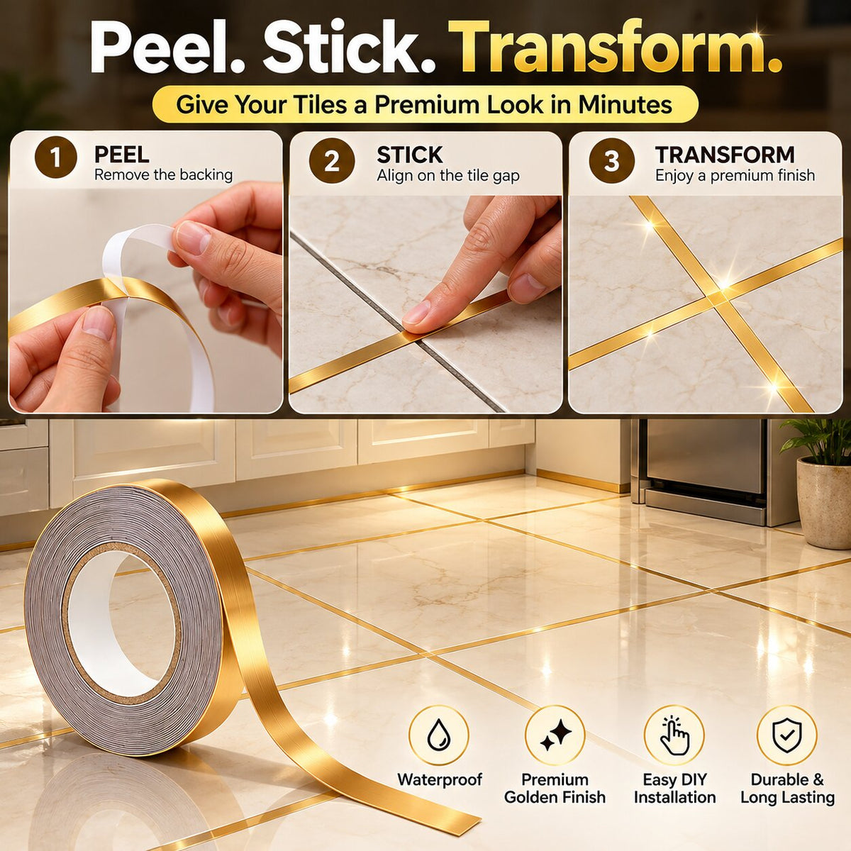 (Pack Of 2) Golden Tiles Gap Sticker Tape For Home Decor