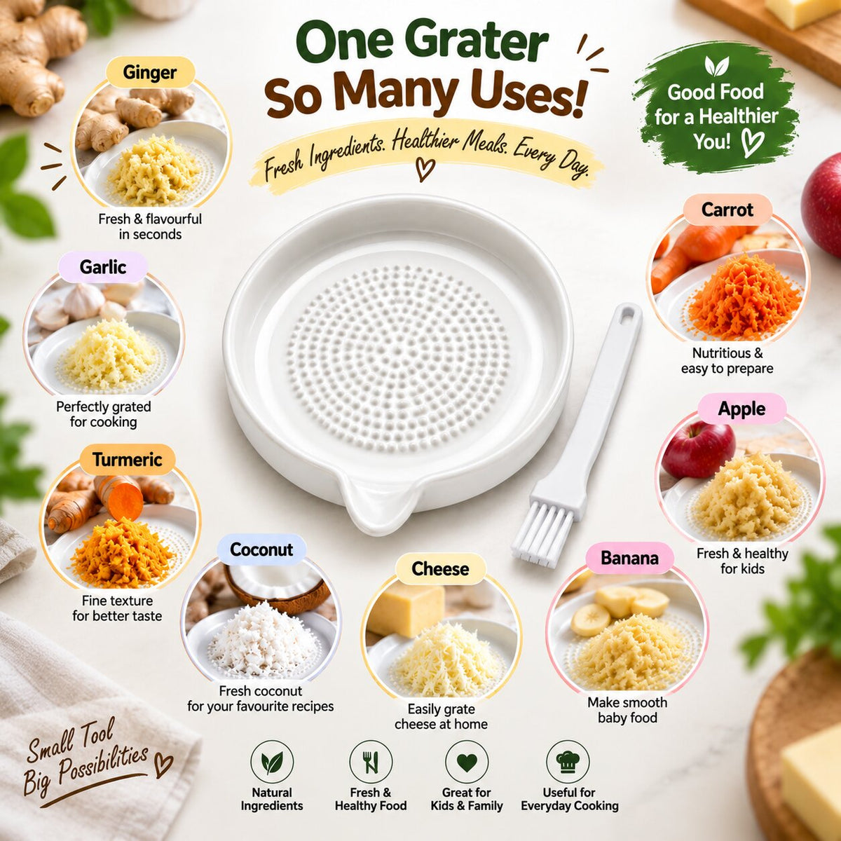 Ceramic Grater Plate With Brush For Vegetables & Fruits
