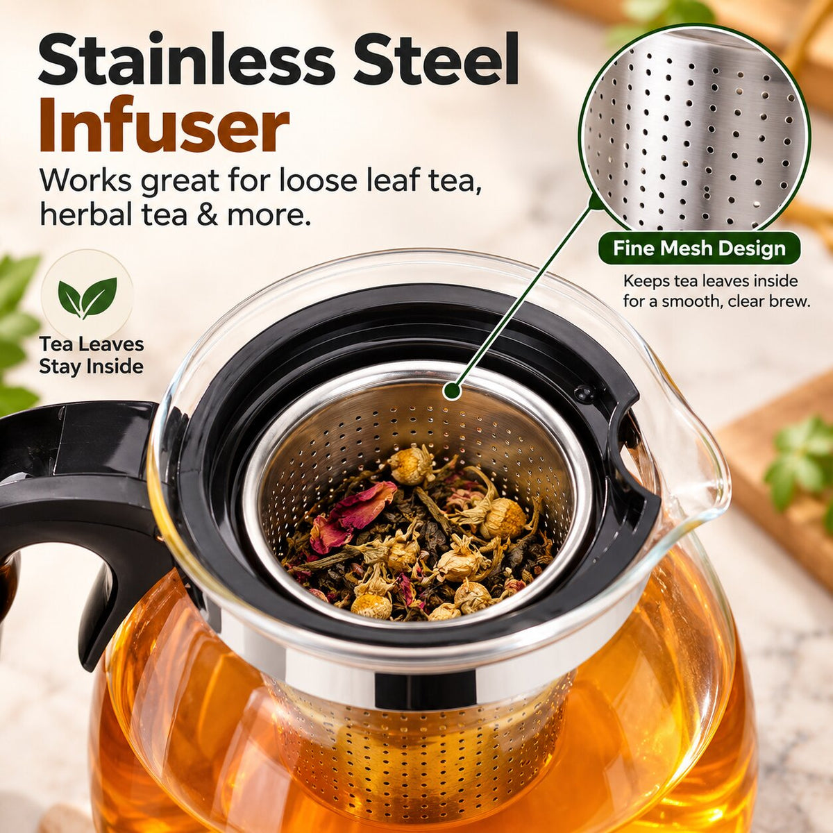 (1000 ML) Glass Tea Pot With Stainless Steel Infuser