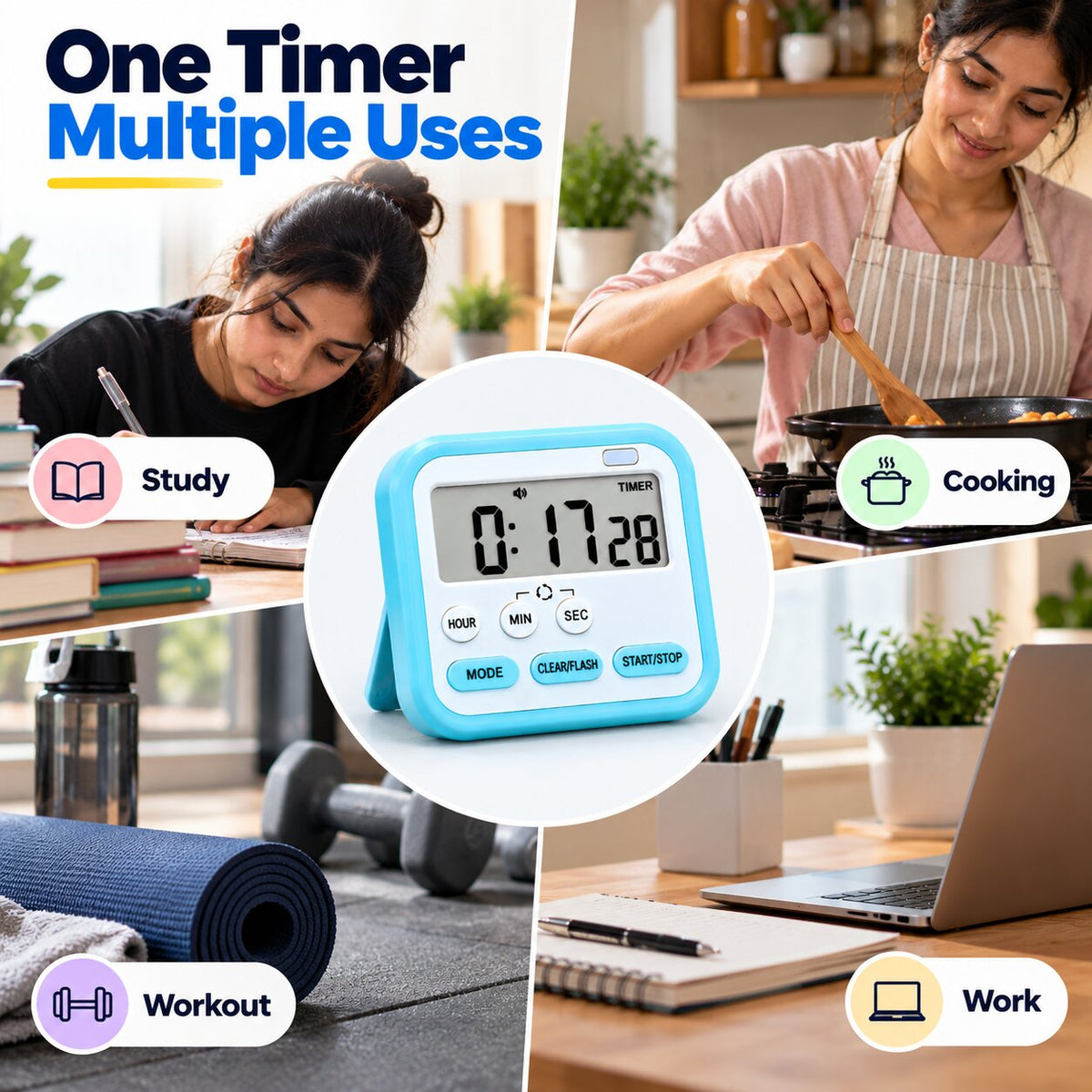 Magnetic Digital Stopwatch Timer For Kitchen, Studying & Work (With Flash & Alarm)