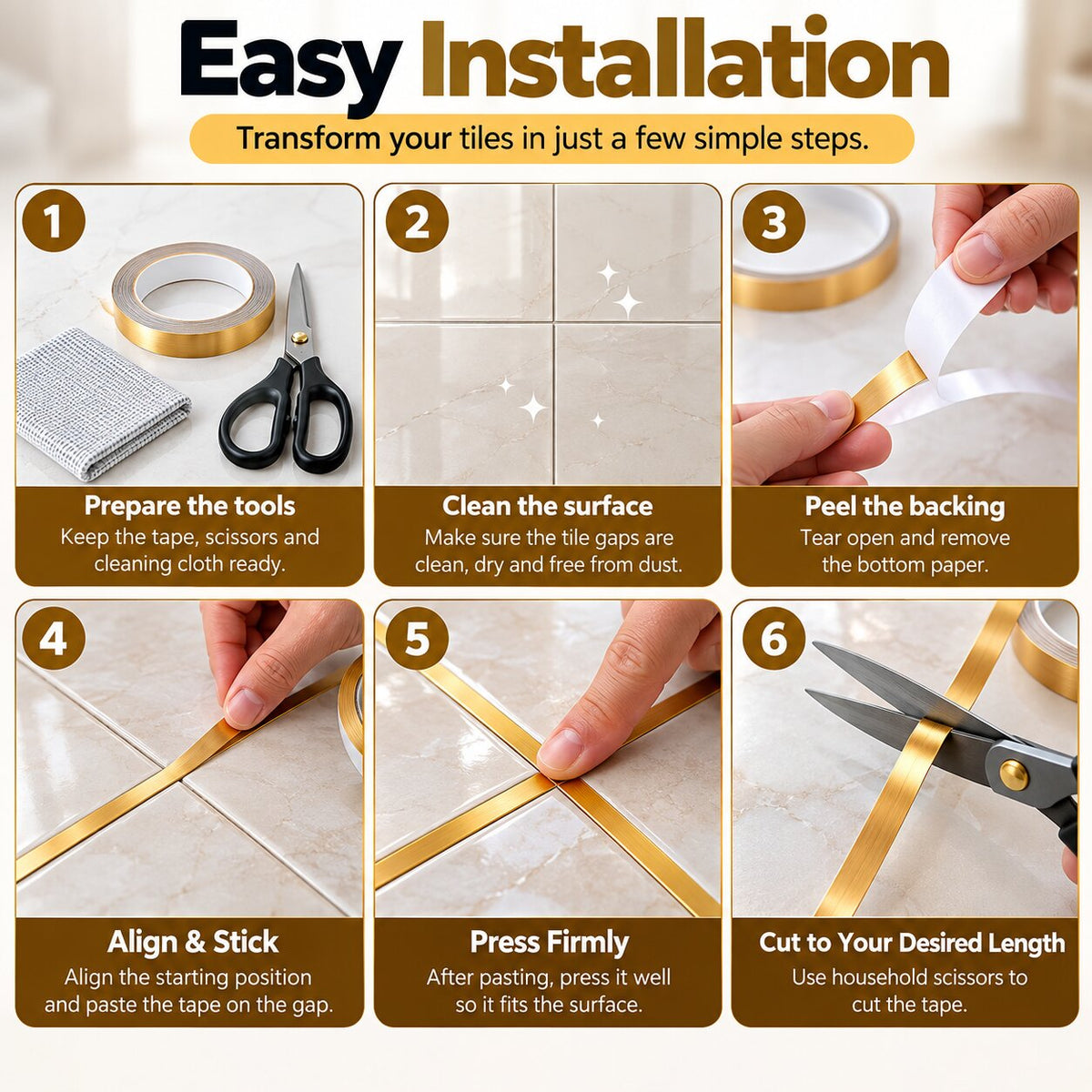 (Pack Of 2) Golden Tiles Gap Sticker Tape For Home Decor