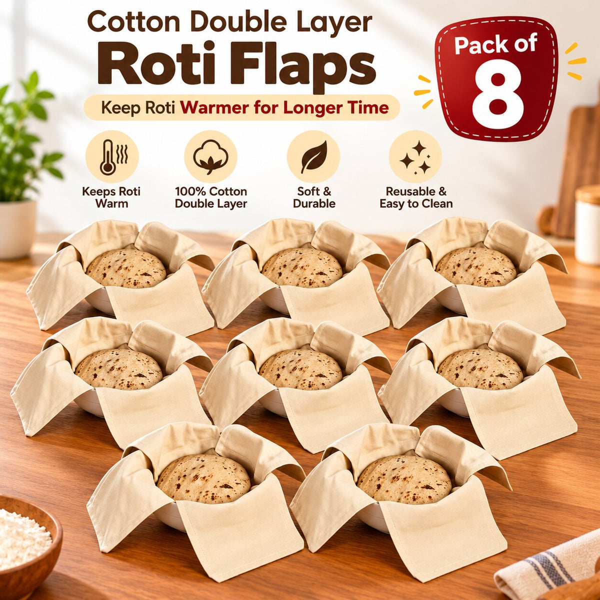 (Pack Of 4) Cotton Double Layer Wrap With Flaps For Roti, Chapati, Paratha & Bhakari