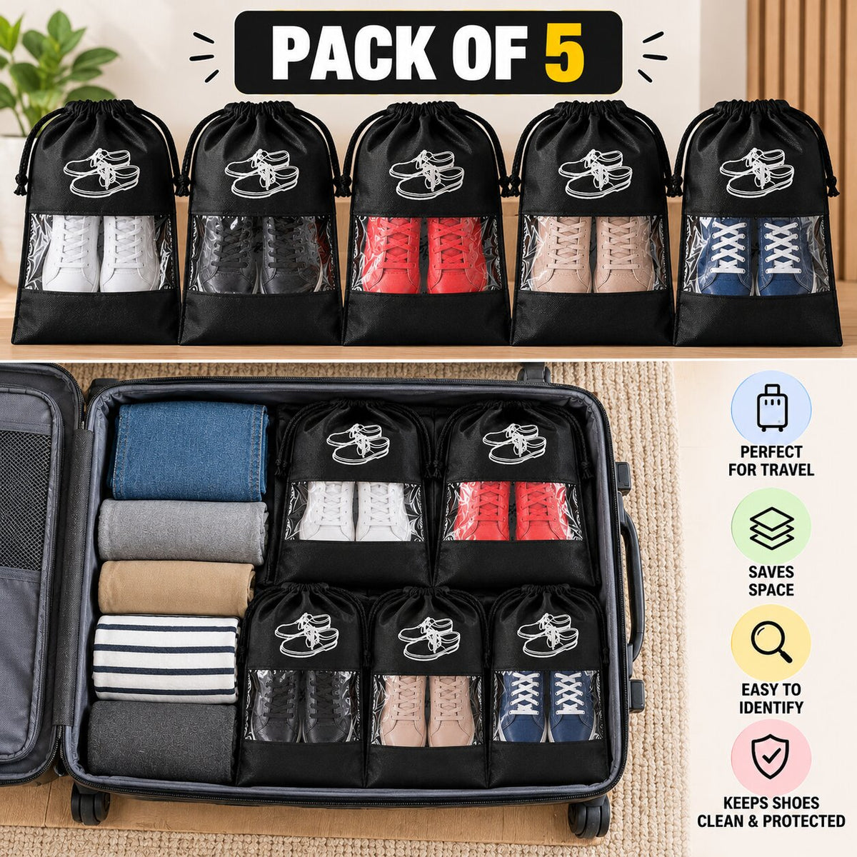 (Pack Of 5) Reusable Shoe Bag Covers For Suitcase, Travel & Gym