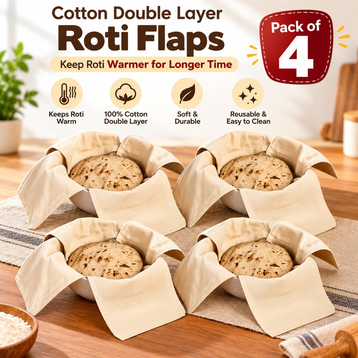 (Pack Of 4) Cotton Double Layer Wrap With Flaps For Roti, Chapati, Paratha & Bhakari