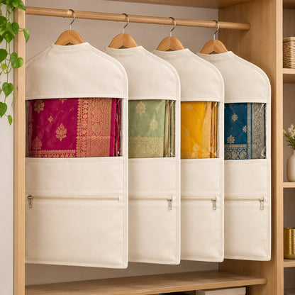 (Pack Of 4) Hanging Cotton Saree Cover Bags For Wardrobe (30 x 18 Inches)