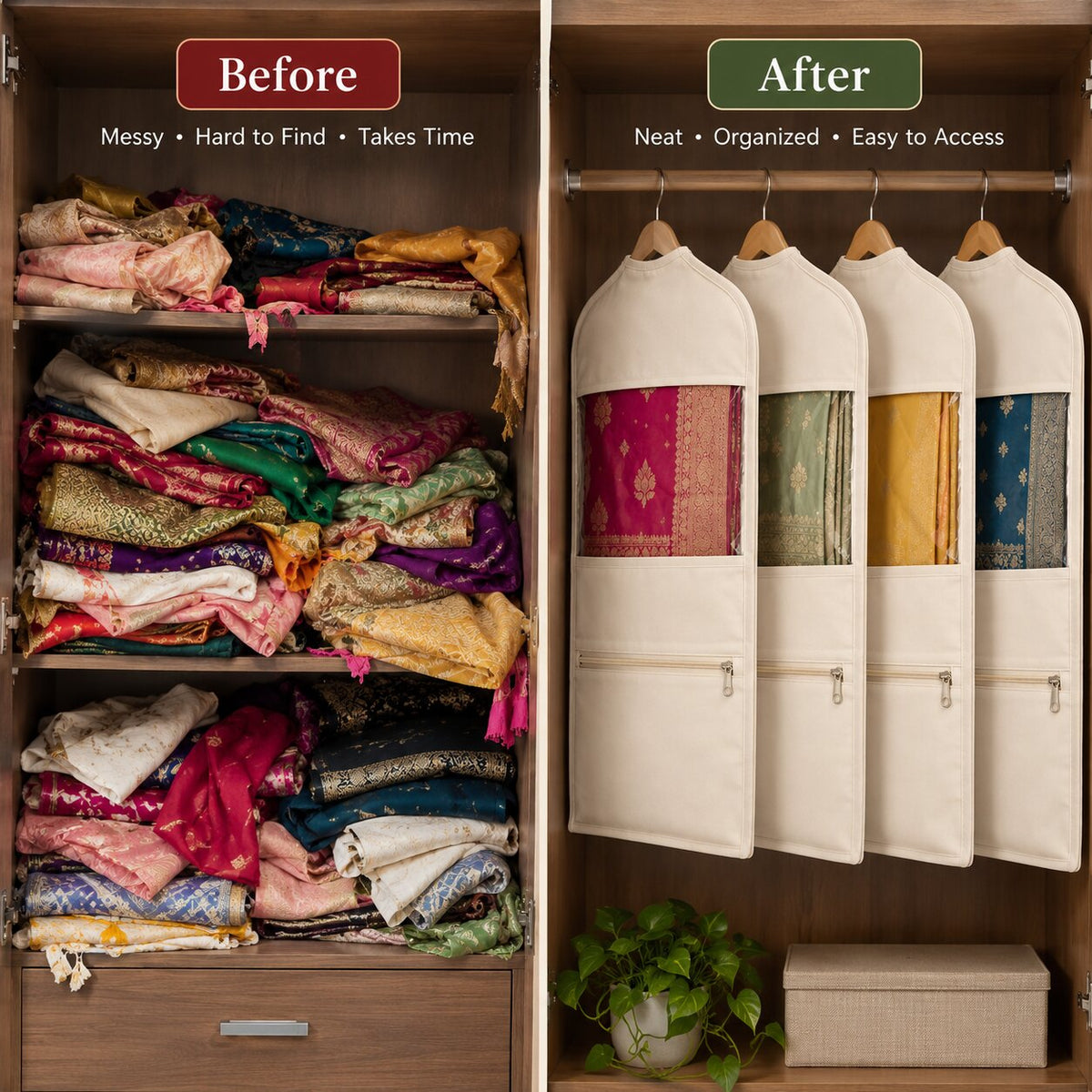 (Pack Of 4) Hanging Cotton Saree Cover Bags For Wardrobe (30 x 18 Inches)