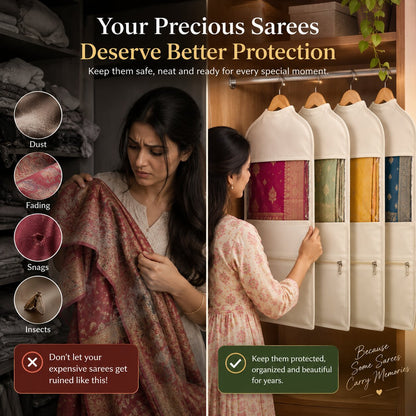 (Pack Of 4) Hanging Cotton Saree Cover Bags For Wardrobe (30 x 18 Inches)