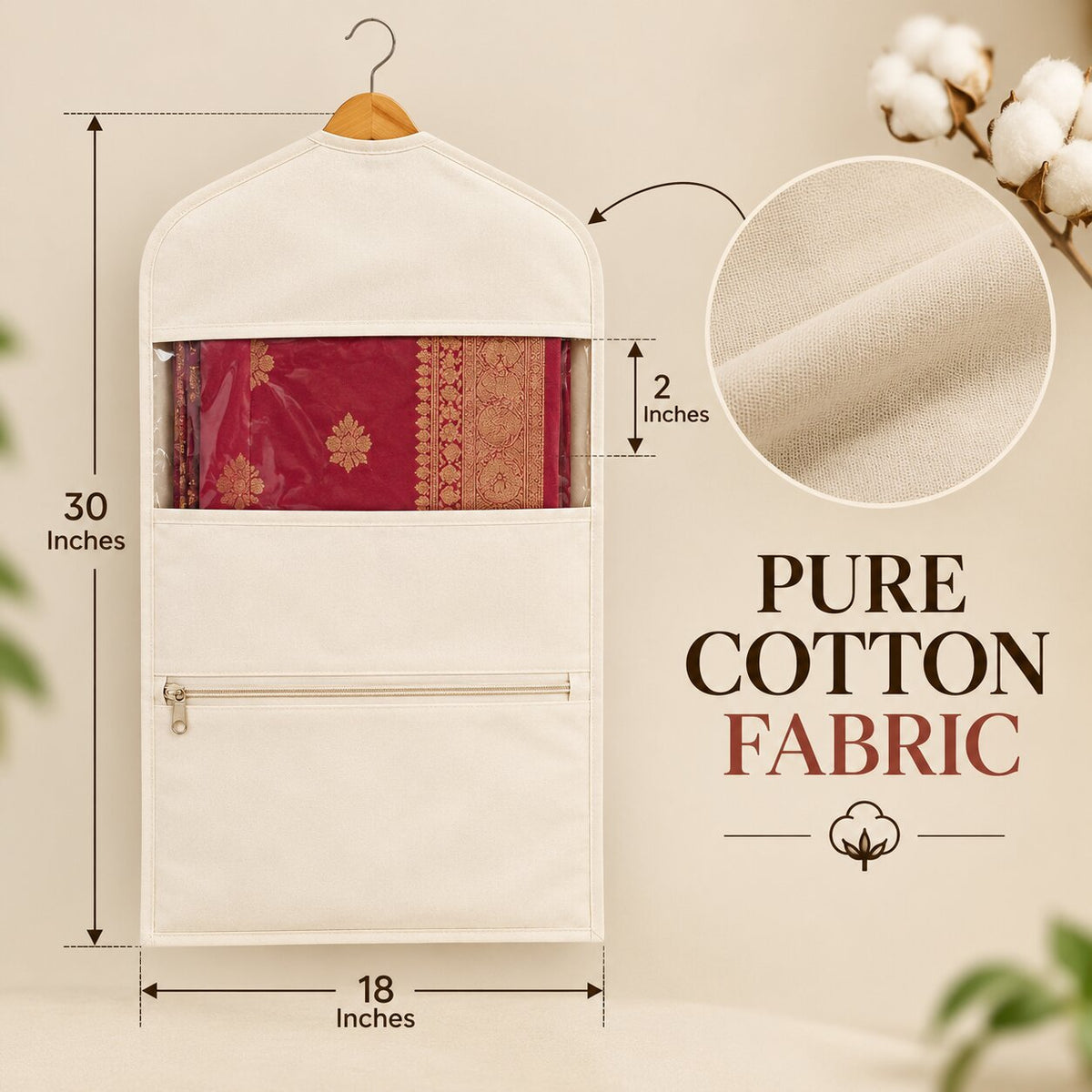 (Pack Of 4) Hanging Cotton Saree Cover Bags For Wardrobe (30 x 18 Inches)