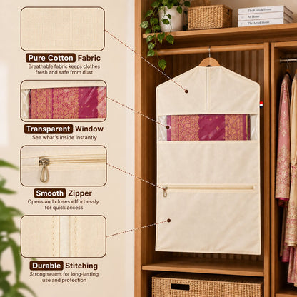 (Pack Of 4) Hanging Cotton Saree Cover Bags For Wardrobe (30 x 18 Inches)