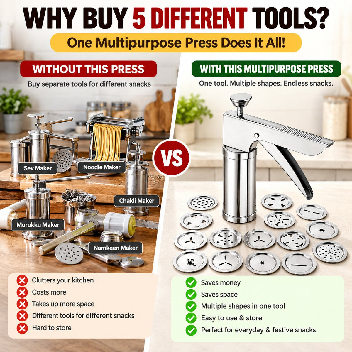 (Pack Of 15 Jaalis) Stainless Steel Kitchen Press - Chakli, Sev, Murukku Maker